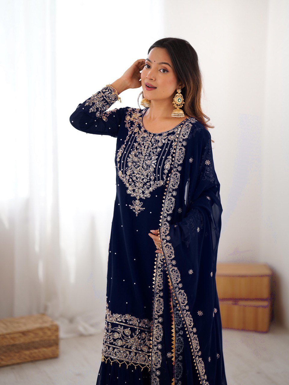 Designer Heavy Embroidered Kurta Sharara Suit Set with Dupatta | 10 Color Options