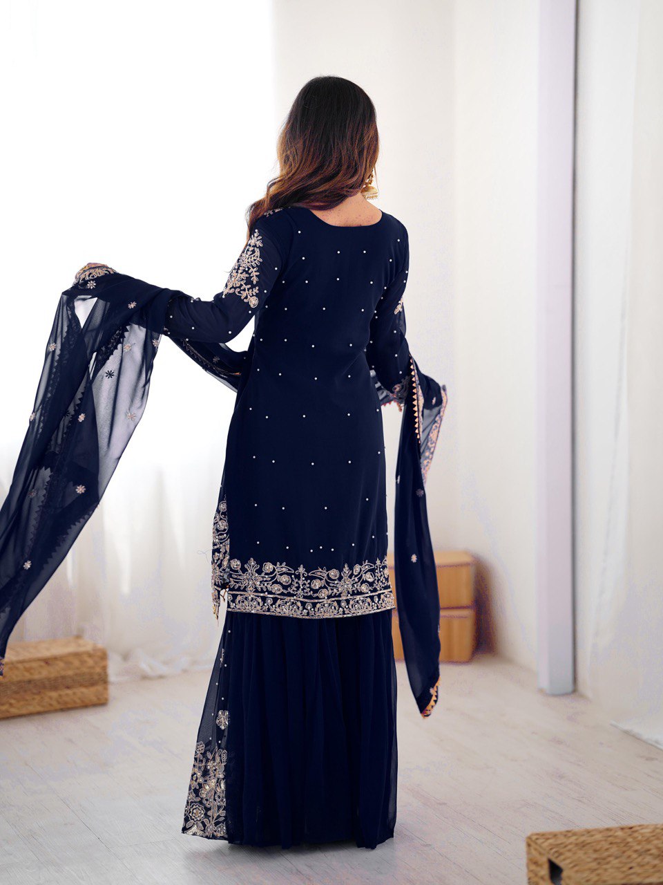 Designer Heavy Embroidered Kurta Sharara Suit Set with Dupatta | 10 Color Options