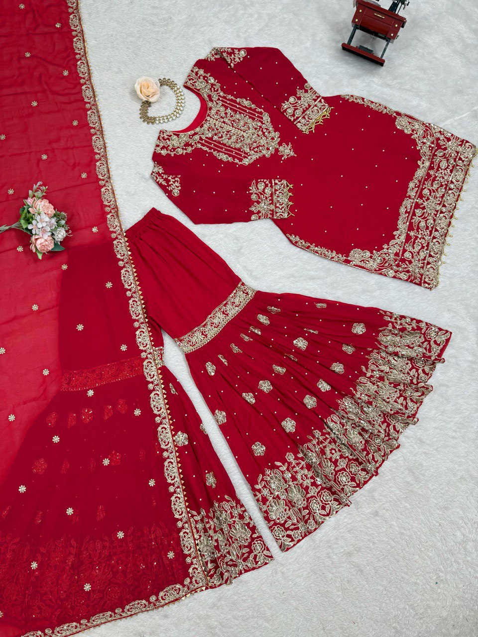 Designer Heavy Embroidered Kurta Sharara Suit Set with Dupatta | 10 Color Options