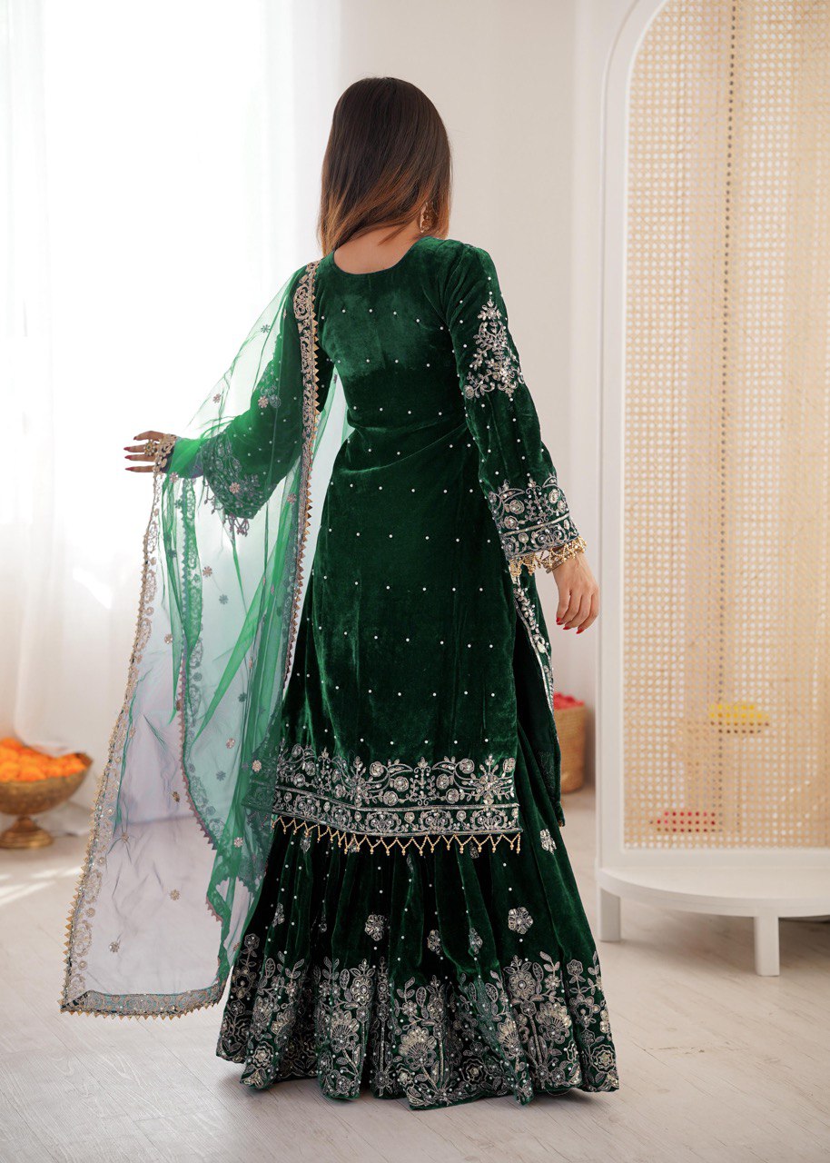 Heavy Velvet Embroidered Lehenga Suit Set with Dupatta – 4 Color Options