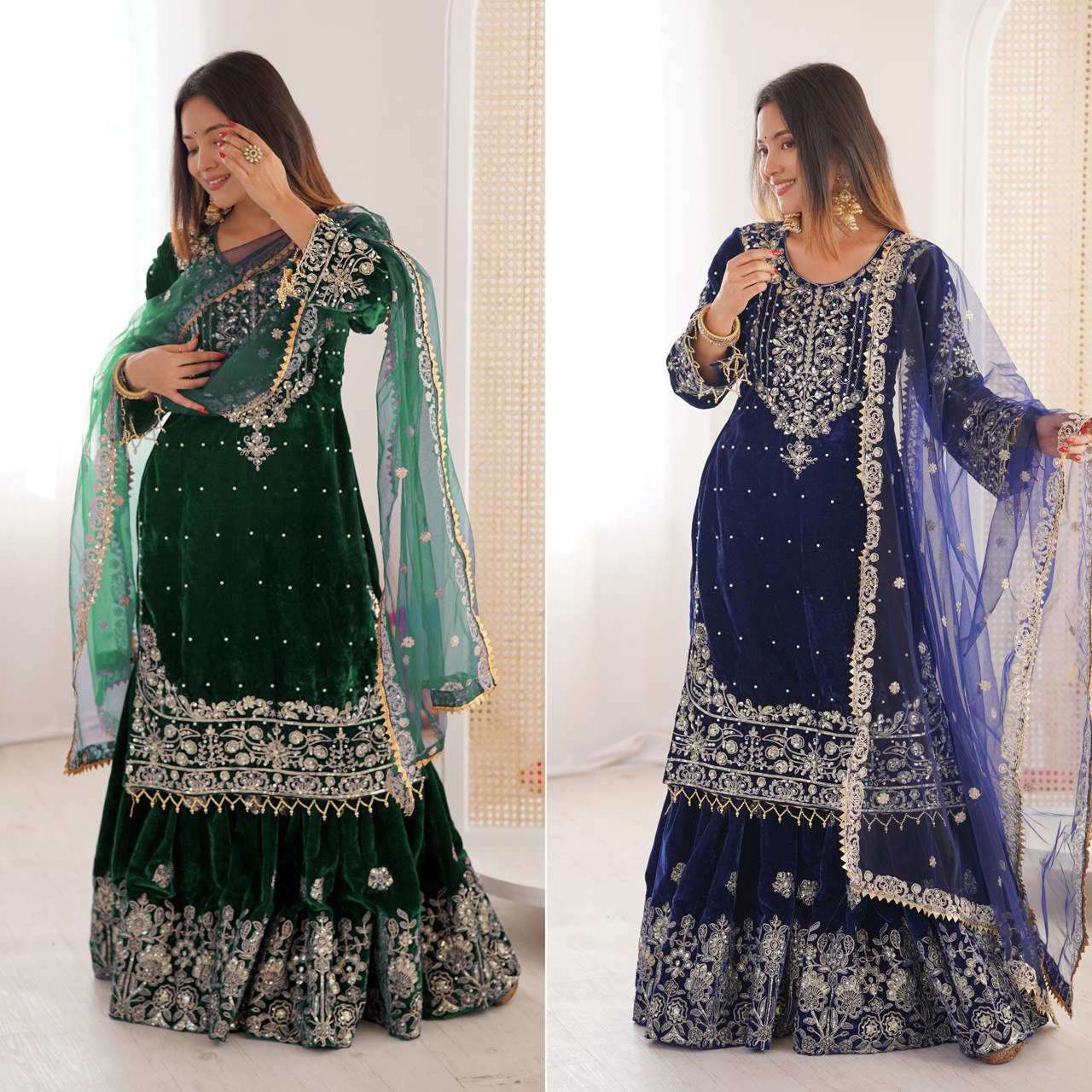 Heavy Velvet Embroidered Lehenga Suit Set with Dupatta – 4 Color Options