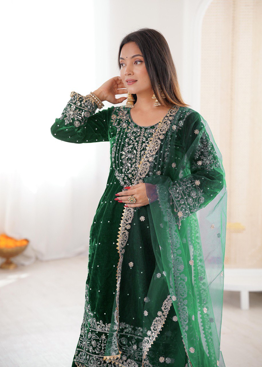 Heavy Velvet Embroidered Lehenga Suit Set with Dupatta – 4 Color Options