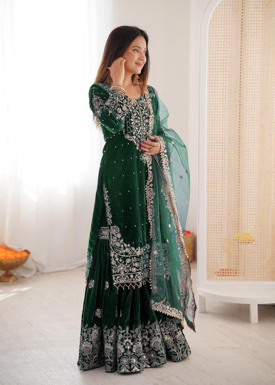 Heavy Velvet Embroidered Lehenga Suit Set with Dupatta – 4 Color Options