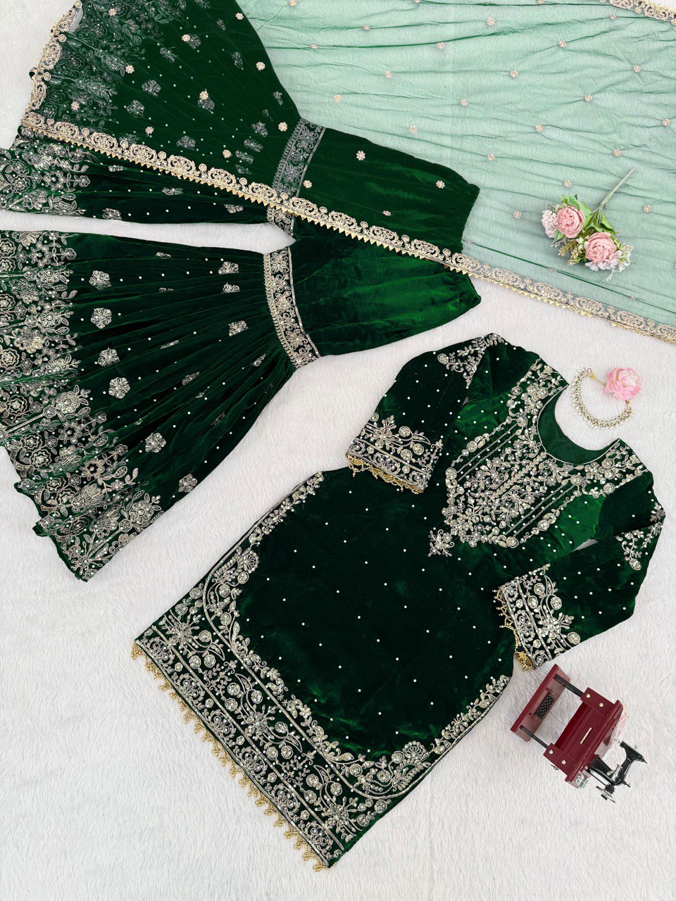 Heavy Velvet Embroidered Lehenga Suit Set with Dupatta – 4 Color Options