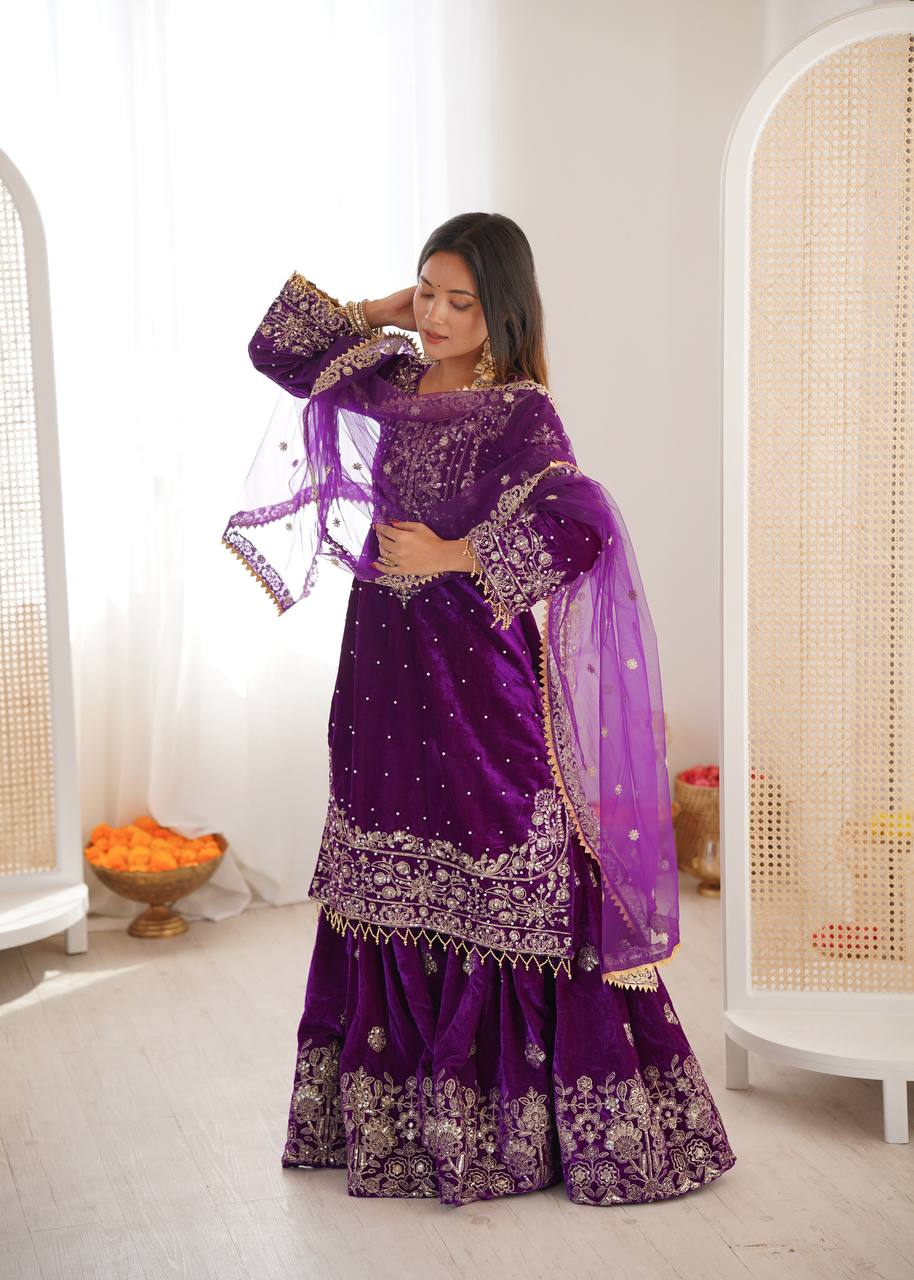 Heavy Velvet Embroidered Lehenga Suit Set with Dupatta – 4 Color Options