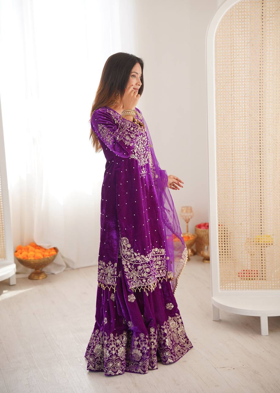 Heavy Velvet Embroidered Lehenga Suit Set with Dupatta – 4 Color Options