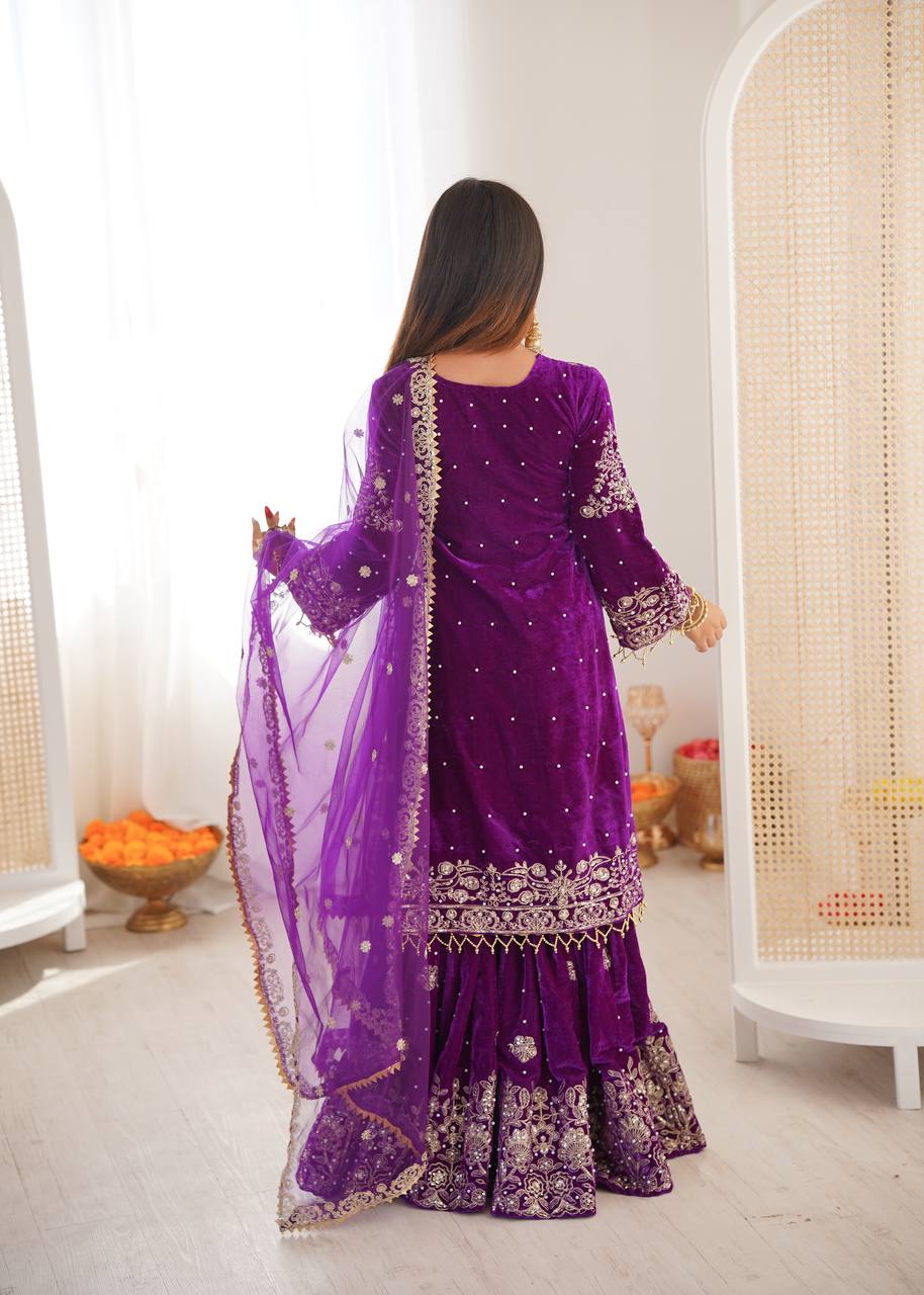 Heavy Velvet Embroidered Lehenga Suit Set with Dupatta – 4 Color Options