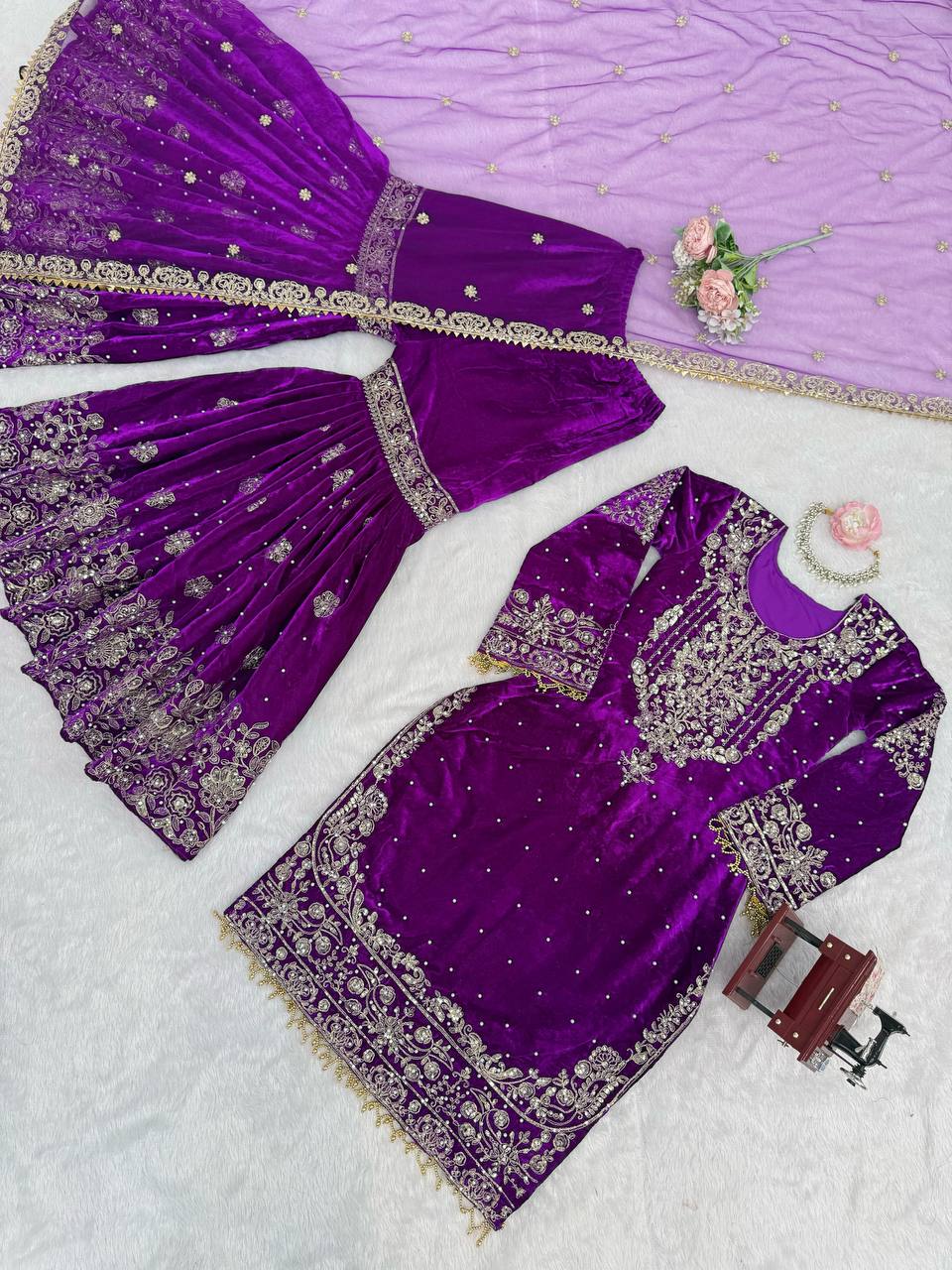 Heavy Velvet Embroidered Lehenga Suit Set with Dupatta – 4 Color Options