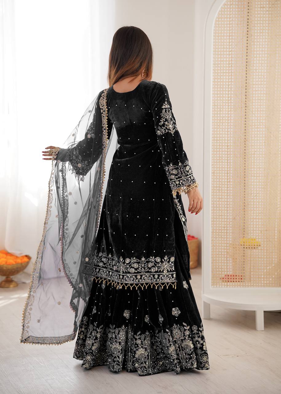 Heavy Velvet Embroidered Lehenga Suit Set with Dupatta – 4 Color Options