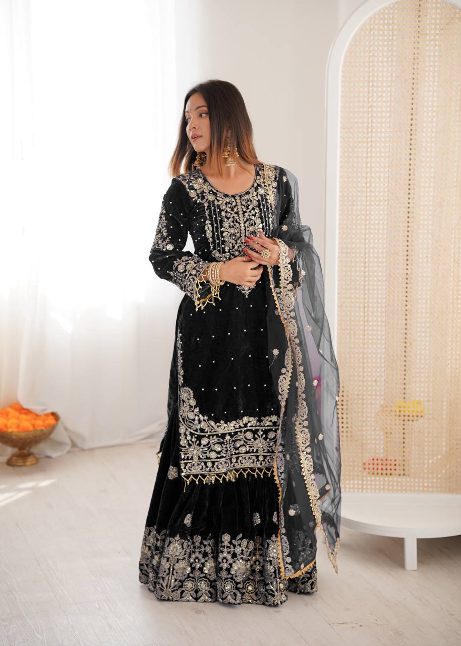 Heavy Velvet Embroidered Lehenga Suit Set with Dupatta – 4 Color Options