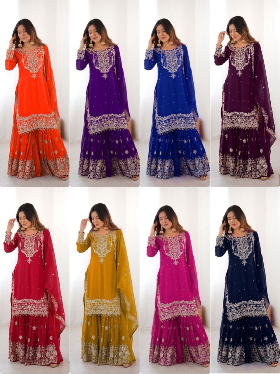 Designer Heavy Embroidered Kurta Sharara Suit Set with Dupatta | 10 Color Options