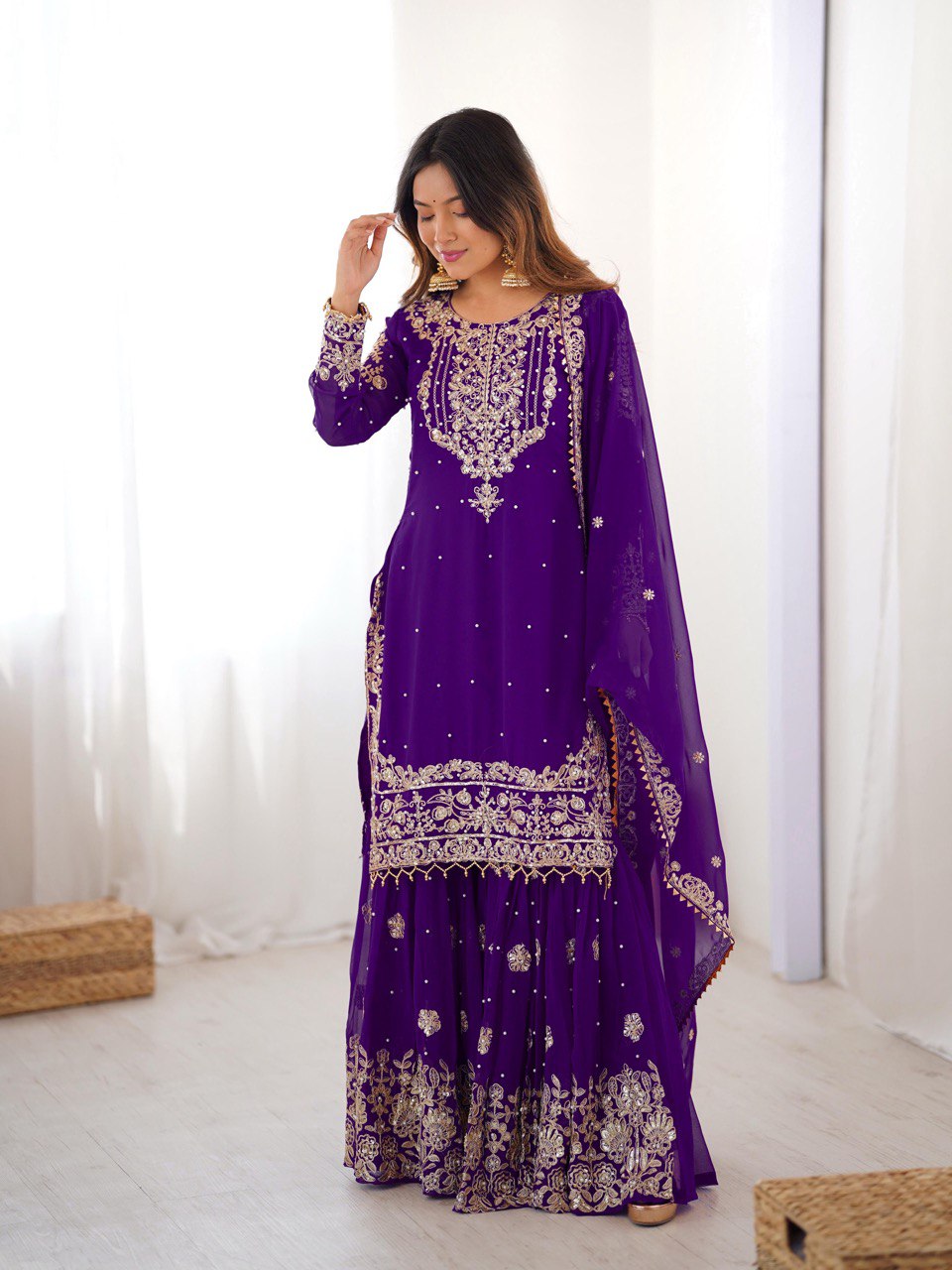 Designer Heavy Embroidered Kurta Sharara Suit Set with Dupatta | 10 Color Options