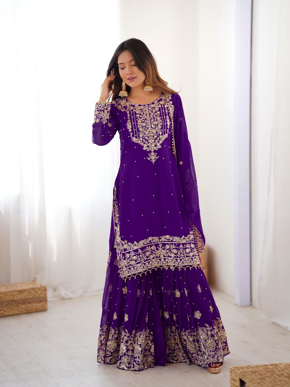 Designer Heavy Embroidered Kurta Sharara Suit Set with Dupatta | 10 Color Options