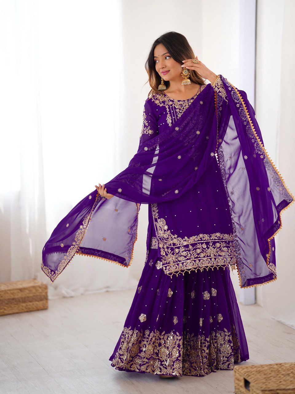 Designer Heavy Embroidered Kurta Sharara Suit Set with Dupatta | 10 Color Options