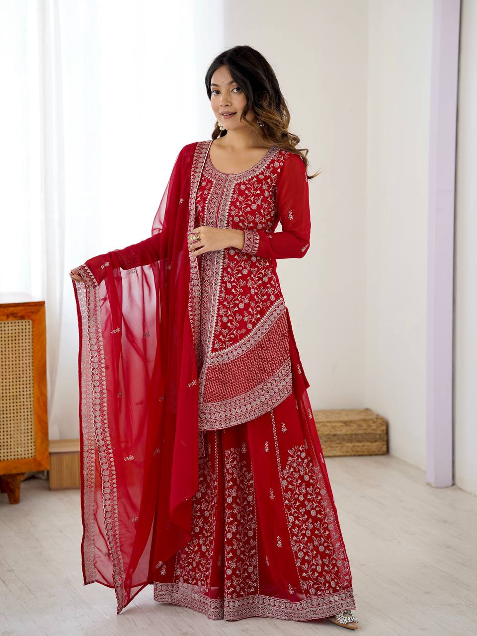 Red Heavy Embroidered Kurta Sharara Suit Set with Dupatta