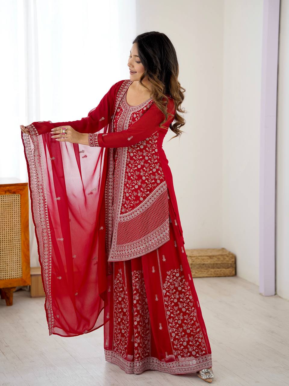 Red Heavy Embroidered Kurta Sharara Suit Set with Dupatta