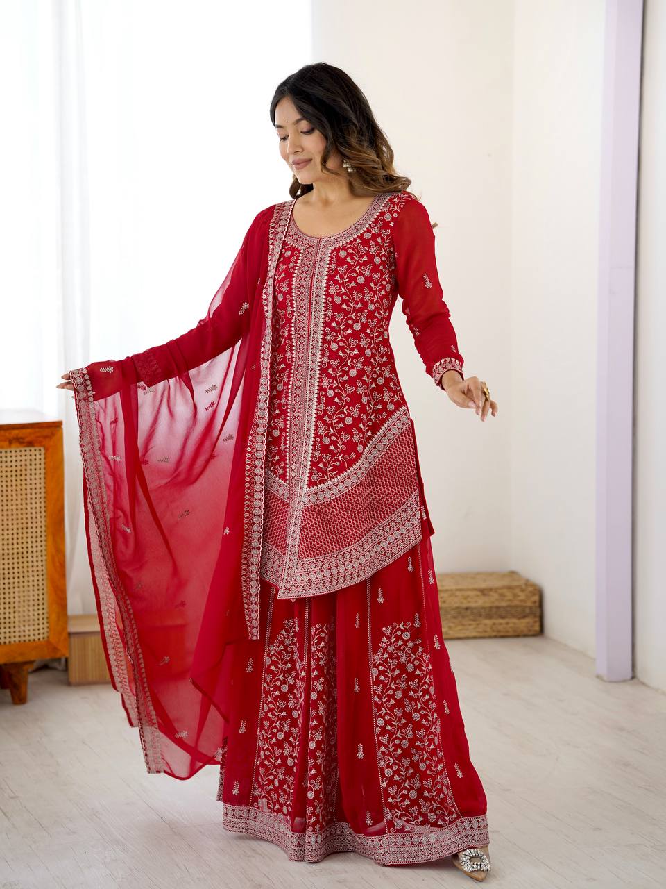 Red Heavy Embroidered Kurta Sharara Suit Set with Dupatta