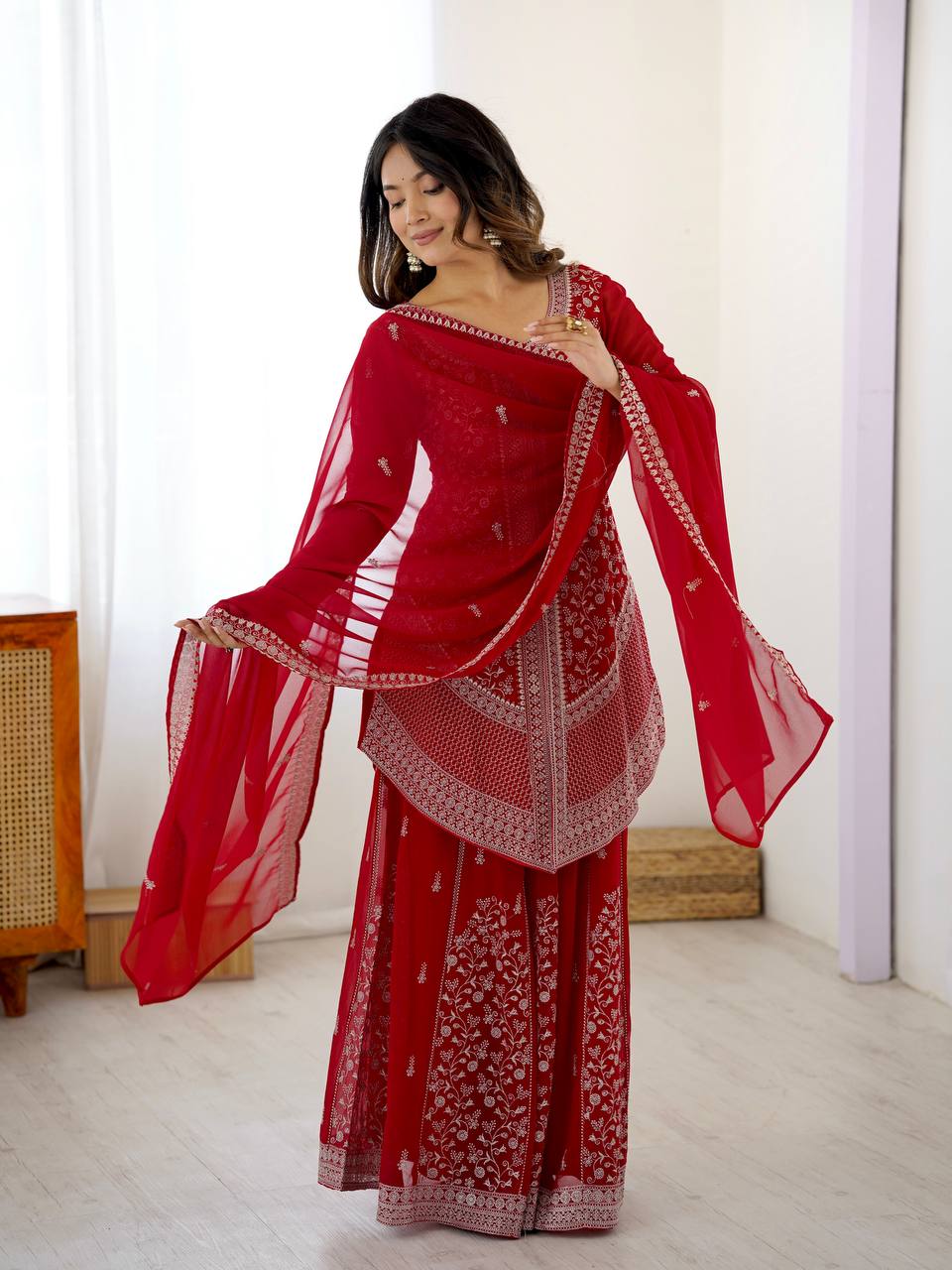 Red Heavy Embroidered Kurta Sharara Suit Set with Dupatta