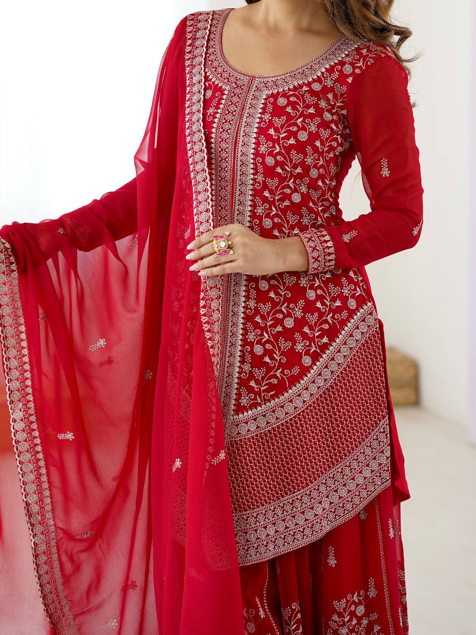 Red Heavy Embroidered Kurta Sharara Suit Set with Dupatta