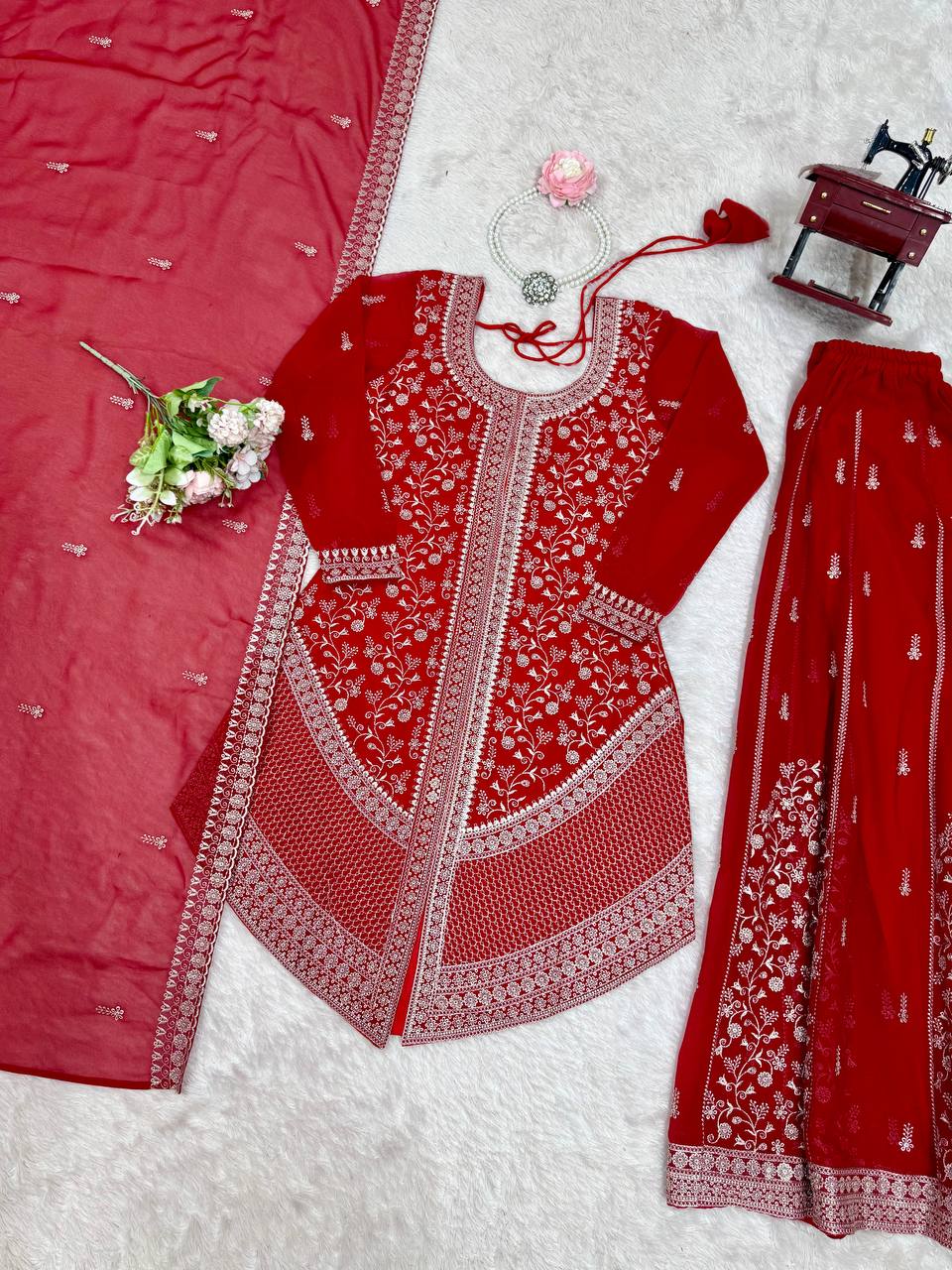 Red Heavy Embroidered Kurta Sharara Suit Set with Dupatta