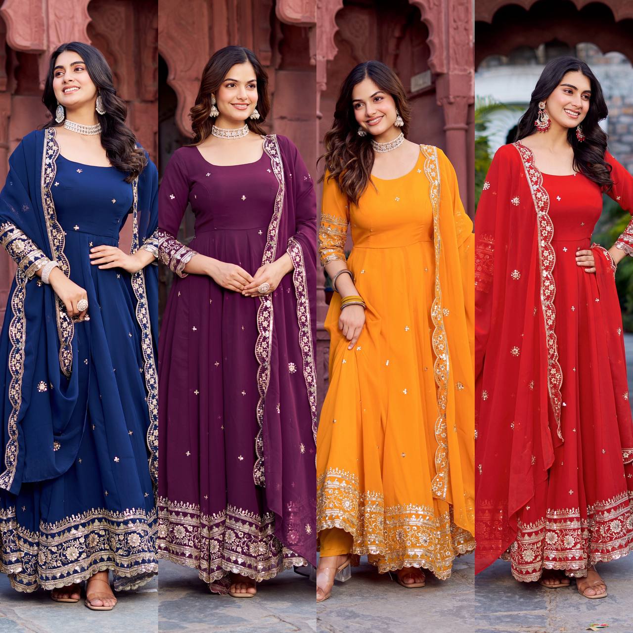 Elegant Georgette Anarkali Suit Set with Heavy Gota Lace Border & Dupatta – 4 Colors