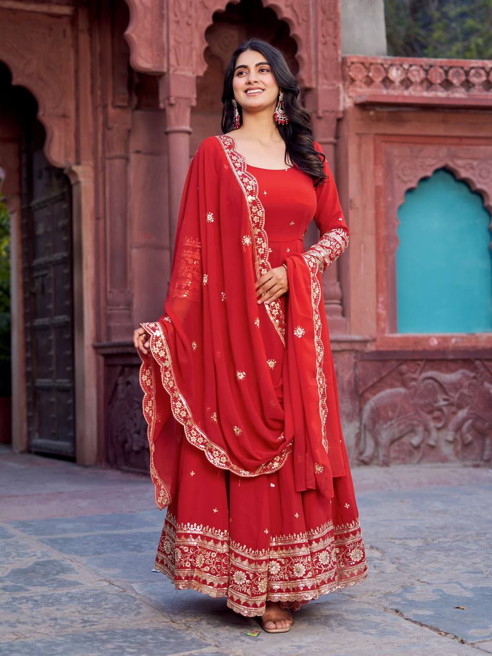 Elegant Georgette Anarkali Suit Set with Heavy Gota Lace Border & Dupatta – 4 Colors