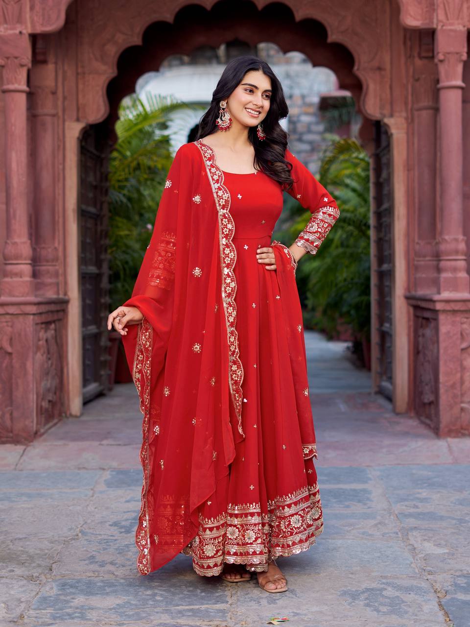Elegant Georgette Anarkali Suit Set with Heavy Gota Lace Border & Dupatta – 4 Colors