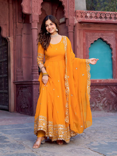 Elegant Georgette Anarkali Suit Set with Heavy Gota Lace Border & Dupatta – 4 Colors