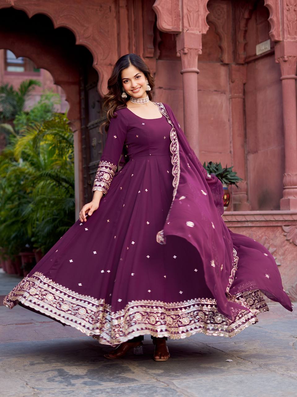 Elegant Georgette Anarkali Suit Set with Heavy Gota Lace Border & Dupatta – 4 Colors