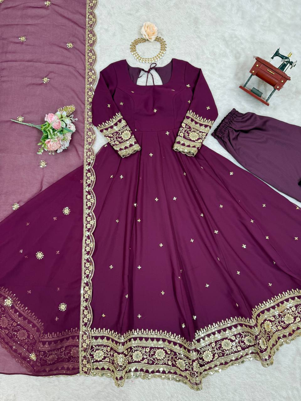 Elegant Georgette Anarkali Suit Set with Heavy Gota Lace Border & Dupatta – 4 Colors