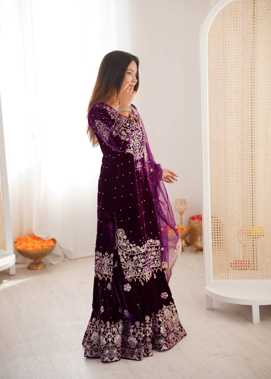 Heavy Velvet Embroidered Lehenga Suit Set with Dupatta – 4 Color Options