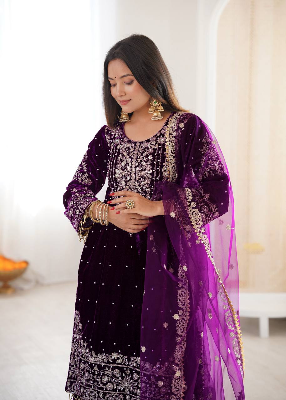 Heavy Velvet Embroidered Lehenga Suit Set with Dupatta – 4 Color Options