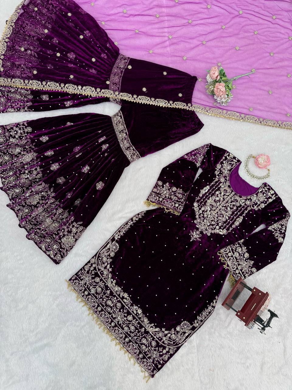 Heavy Velvet Embroidered Lehenga Suit Set with Dupatta – 4 Color Options