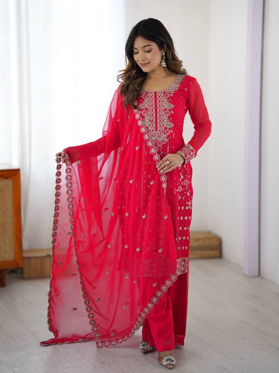 Premium Embroidered Kurti Set with Dupatta & Pant | Festive Wear | 2 Color Options
