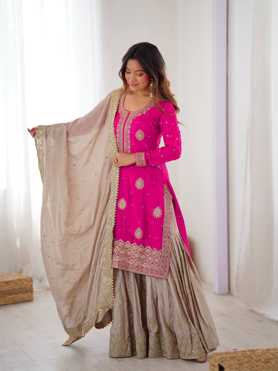 Elegant Embroidered Kurta Sharara Set with Dupatta – Festive Wear (4 Colors)