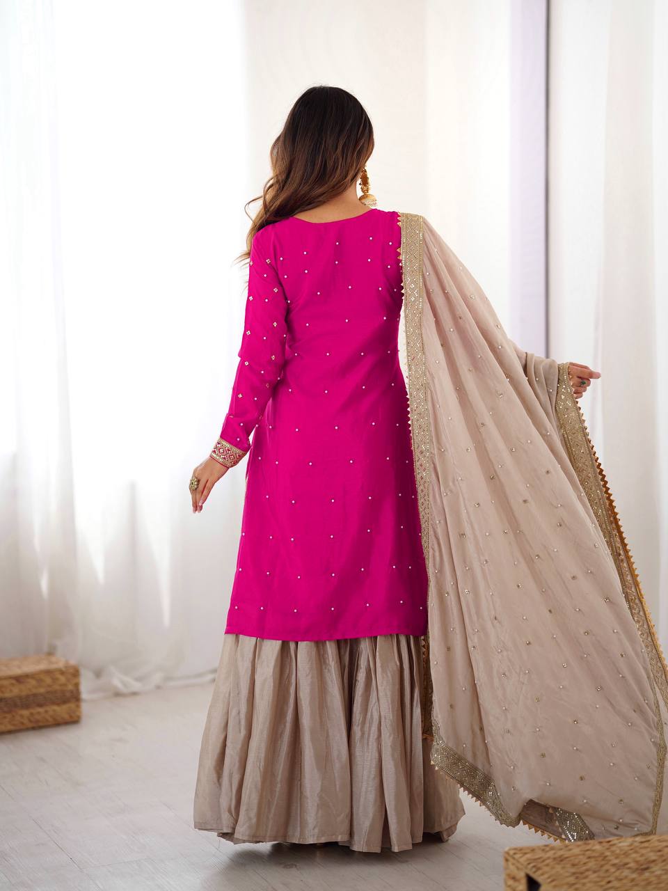 Elegant Embroidered Kurta Sharara Set with Dupatta – Festive Wear (4 Colors)