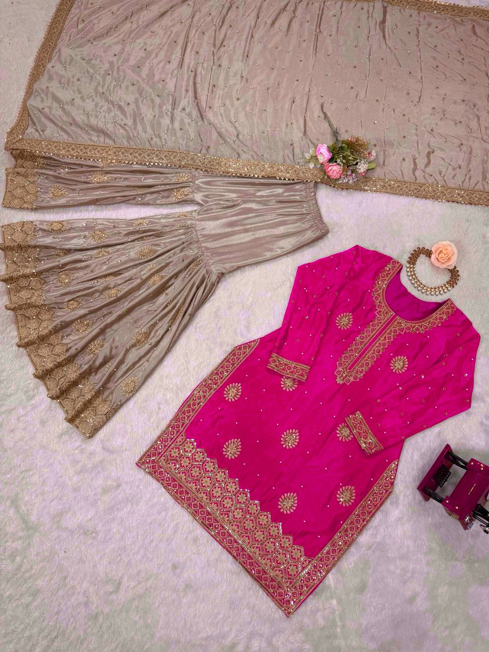 Elegant Embroidered Kurta Sharara Set with Dupatta – Festive Wear (4 Colors)