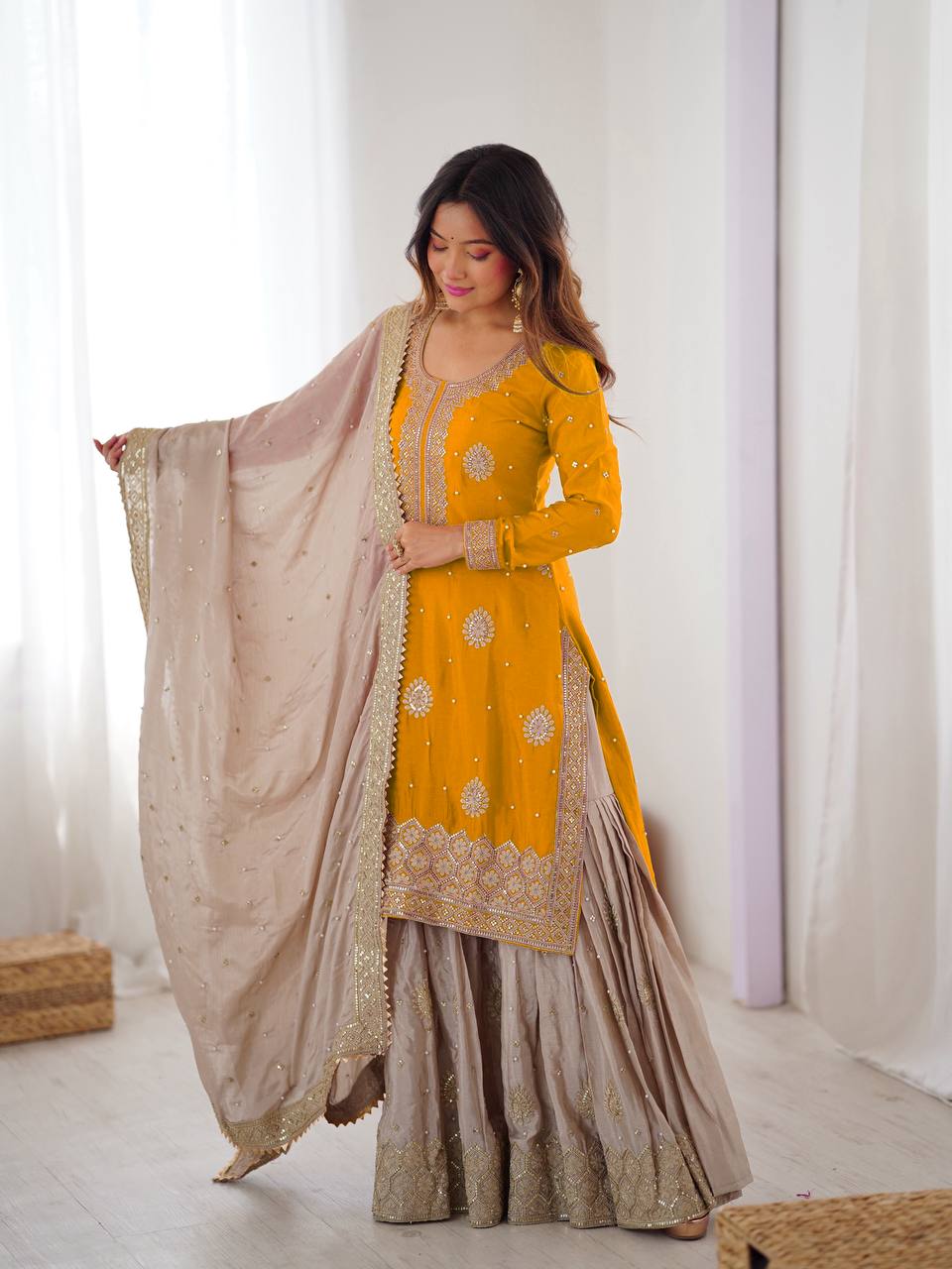 Elegant Embroidered Kurta Sharara Set with Dupatta – Festive Wear (4 Colors)