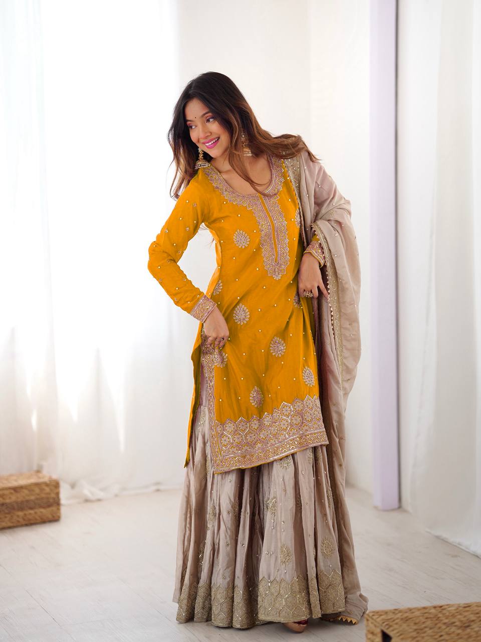 Elegant Embroidered Kurta Sharara Set with Dupatta – Festive Wear (4 Colors)
