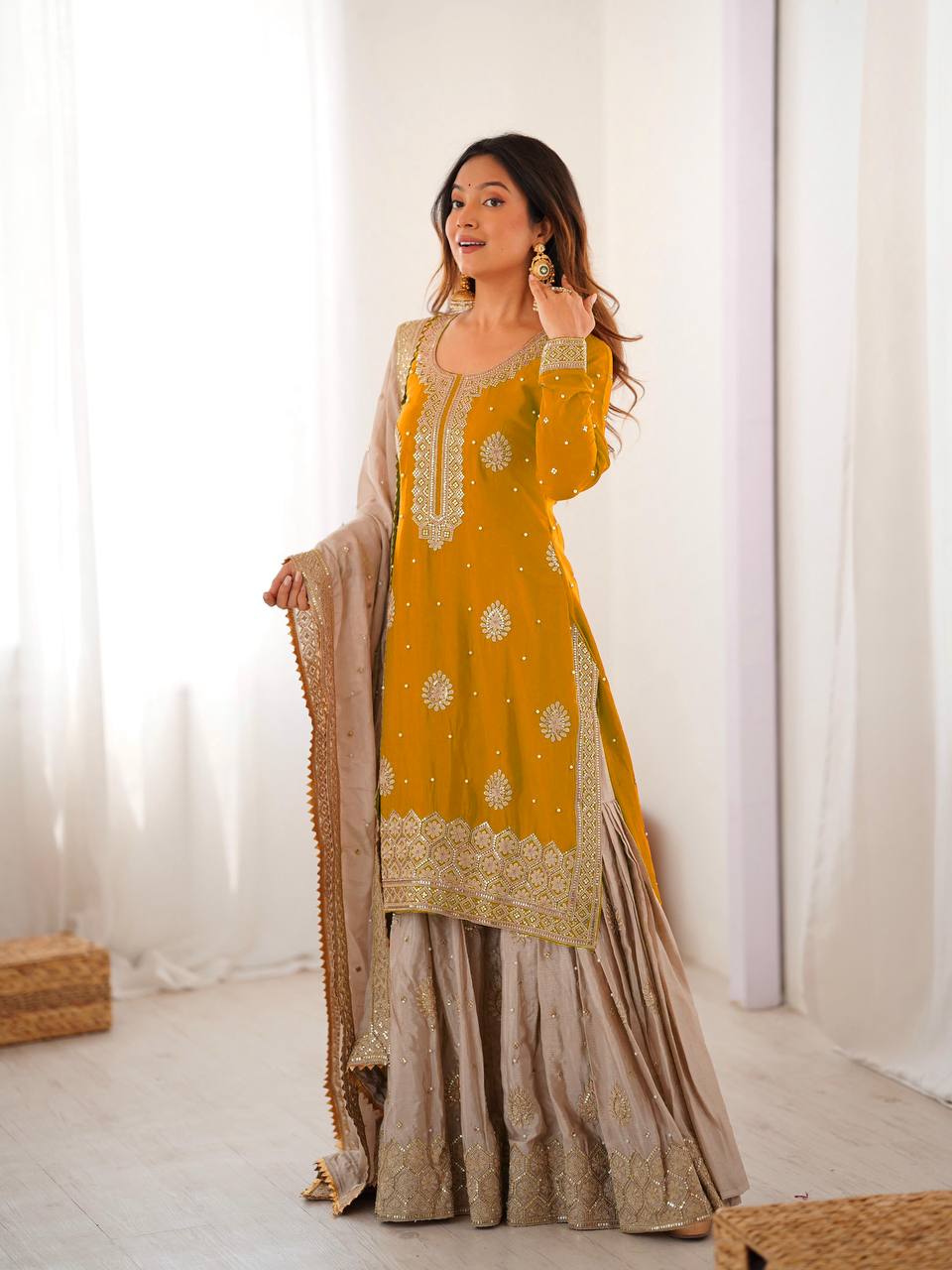 Elegant Embroidered Kurta Sharara Set with Dupatta – Festive Wear (4 Colors)