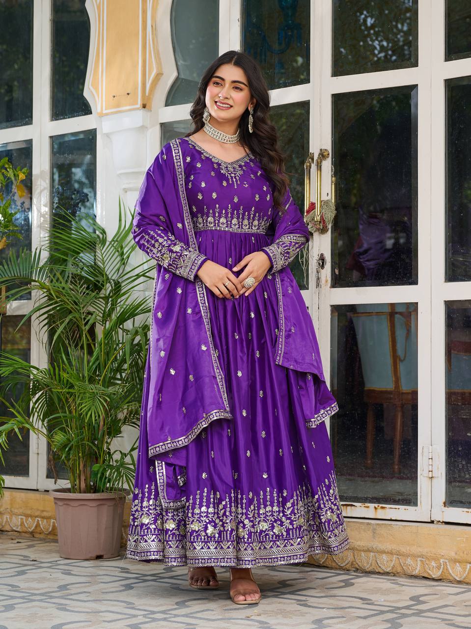 Elegant Embroidered Anarkali Suit Set with Dupatta – Festive Wear (3 Colors)