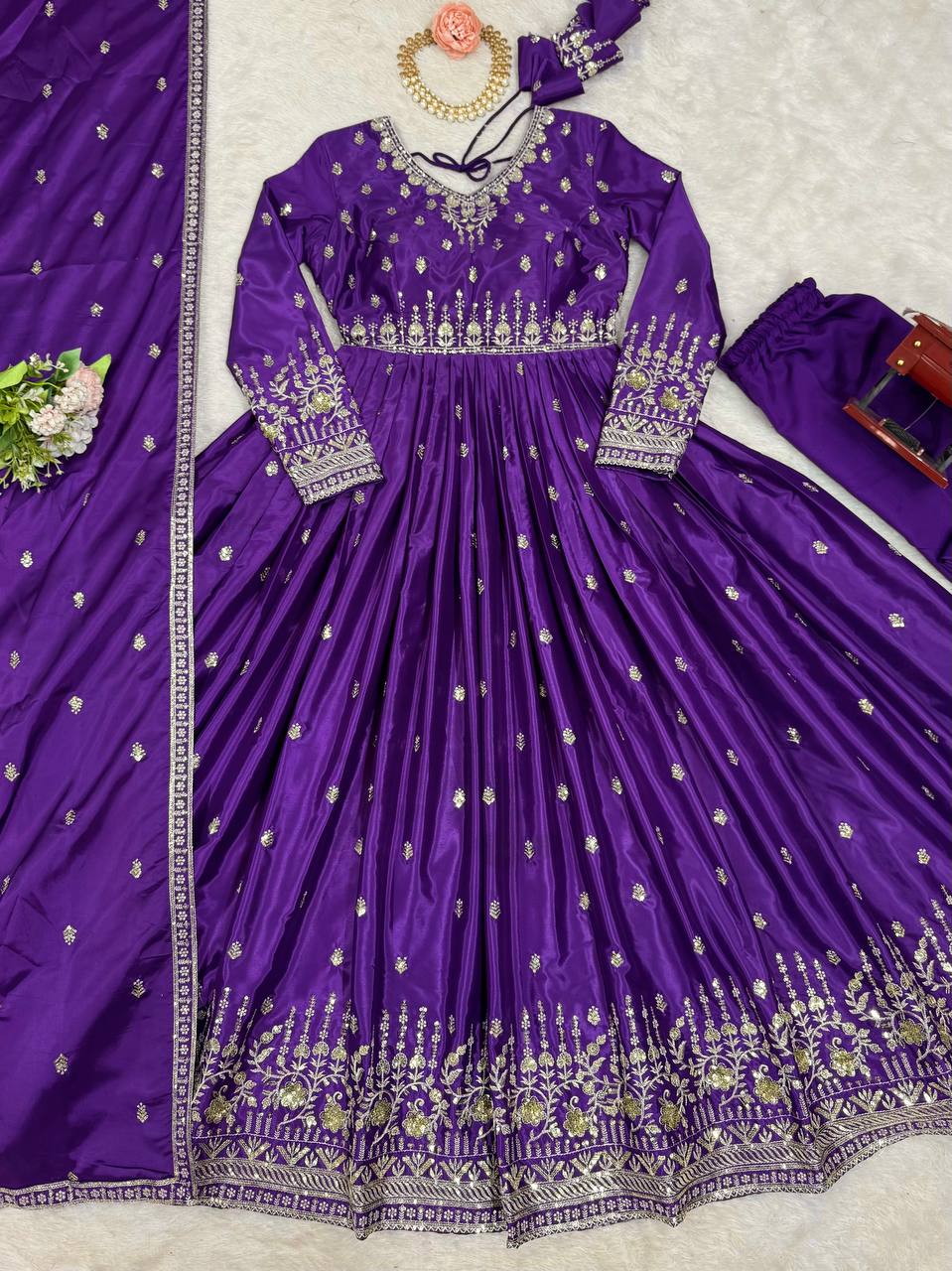 Elegant Embroidered Anarkali Suit Set with Dupatta – Festive Wear (3 Colors)