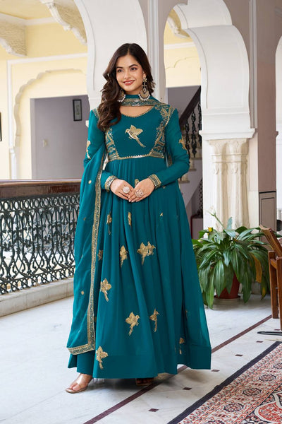 Elegant Embroidered Bird Motif Anarkali Suit Set with Dupatta (2 Color Options)