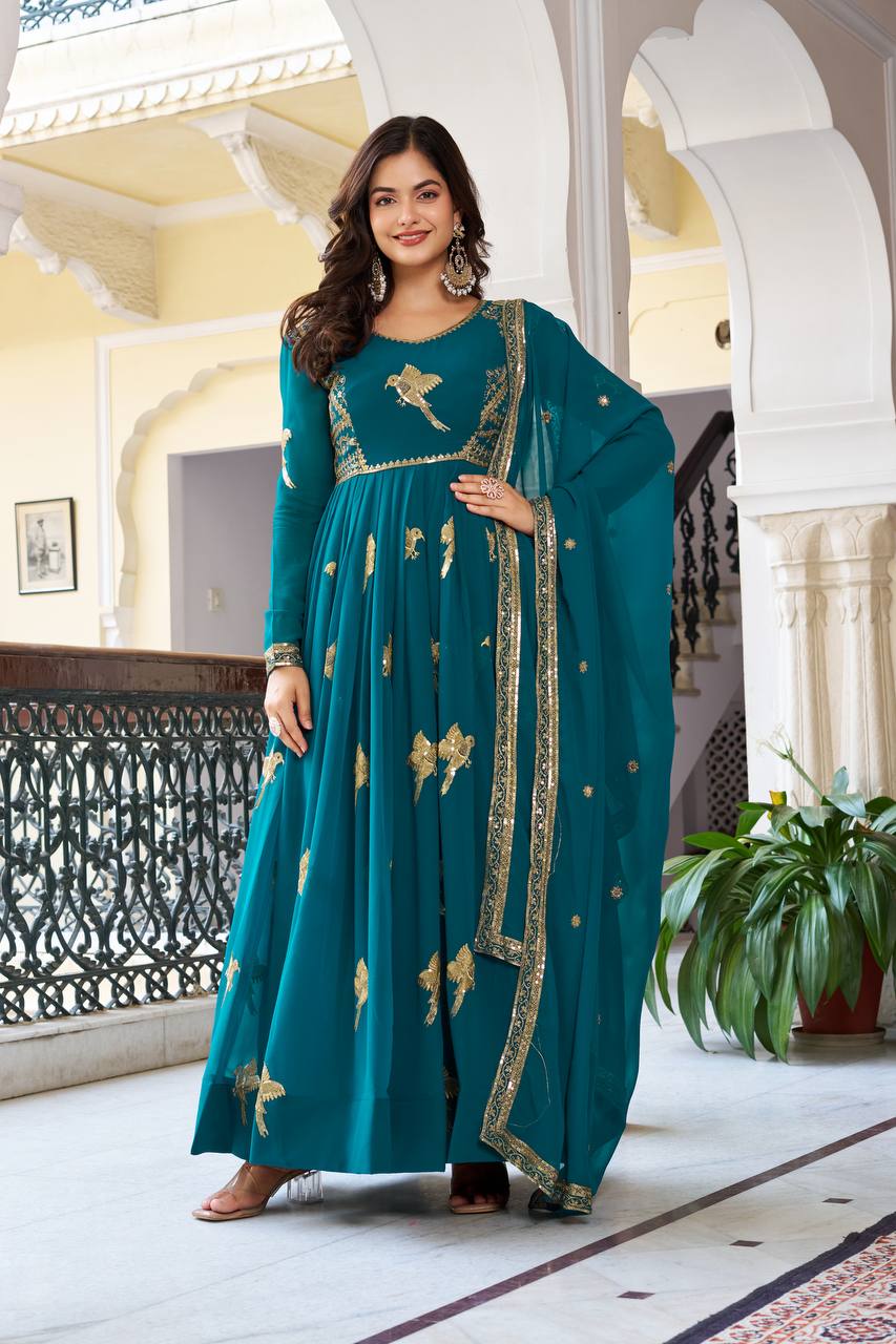 Elegant Embroidered Bird Motif Anarkali Suit Set with Dupatta (2 Color Options)