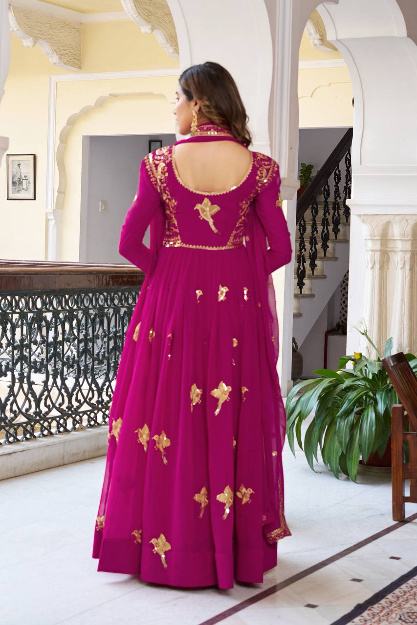 Elegant Embroidered Bird Motif Anarkali Suit Set with Dupatta (2 Color Options)