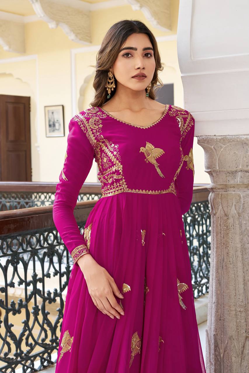 Elegant Embroidered Bird Motif Anarkali Suit Set with Dupatta (2 Color Options)