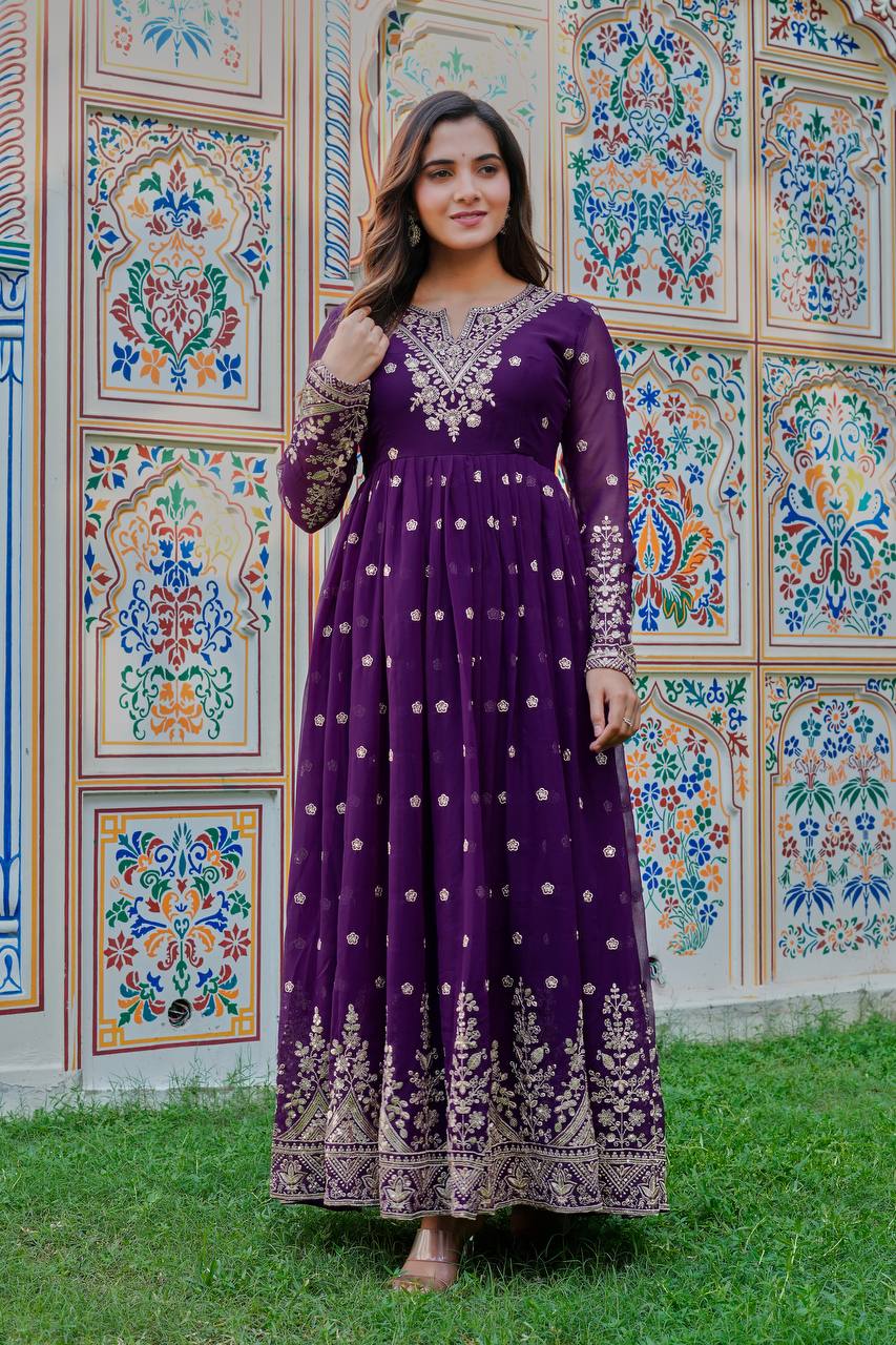 Royal Purple Heavy Embroidered Anarkali Suit Set with Printed Dupatta