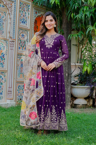 Royal Purple Heavy Embroidered Anarkali Suit Set with Printed Dupatta