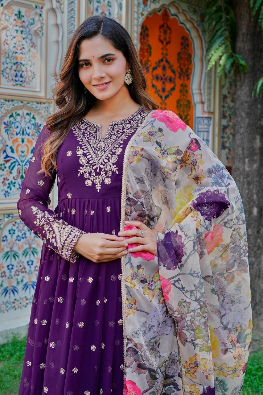 Royal Purple Heavy Embroidered Anarkali Suit Set with Printed Dupatta