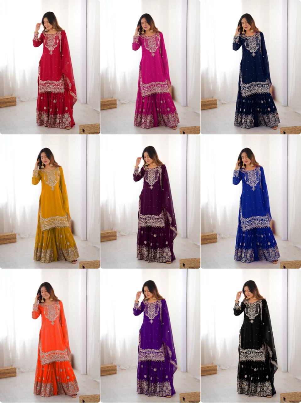 Designer Heavy Embroidered Kurta Sharara Suit Set with Dupatta | 10 Color Options